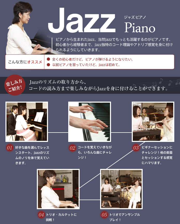 Jazz Piano ジャズ ピアノ ピアノから生まれたJazz、当然Jazzでもっとも活躍するのがピアノです。初心者から経験者まで、Jazz独特のコード理論やアドリブ感覚を身に付けられるようにしていきます。
